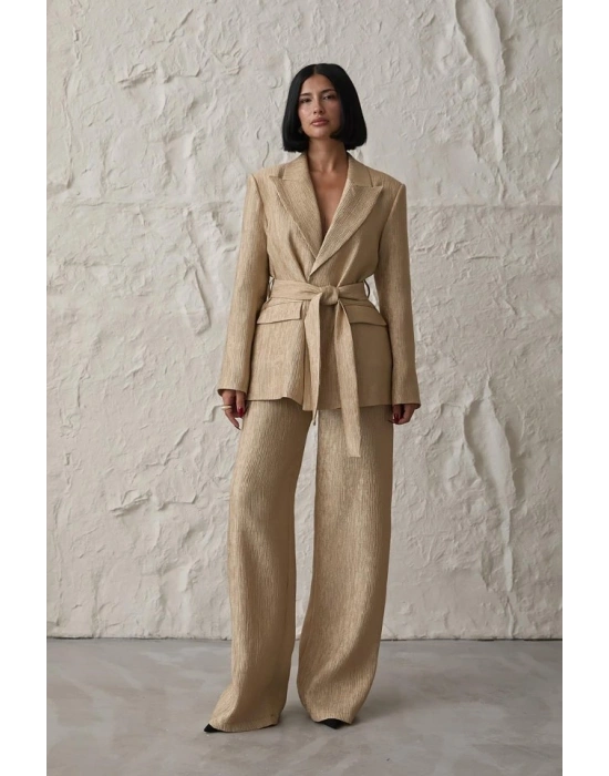 Sarı Beli Kuşaklı Ceket Ve Pantolon Parlak Takım