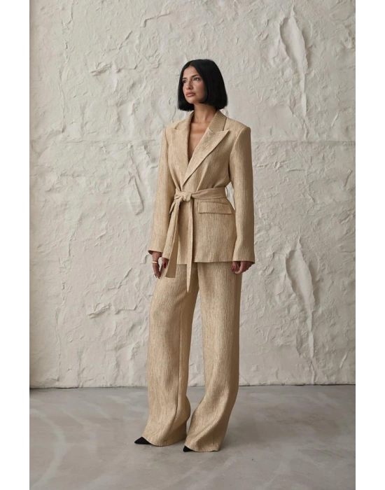 Sarı Beli Kuşaklı Ceket Ve Pantolon Parlak Takım