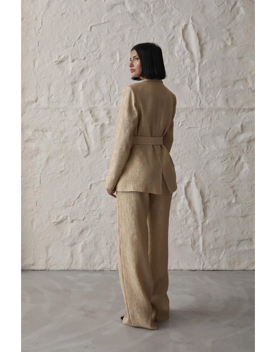 Sarı Beli Kuşaklı Ceket Ve Pantolon Parlak Takım