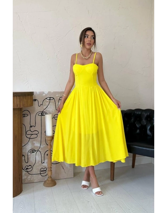 Sarı Göğüs Kuplu Uzun Büzgülü Elbise