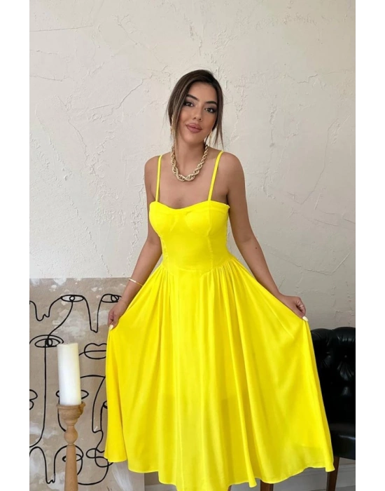 Sarı Göğüs Kuplu Uzun Büzgülü Elbise