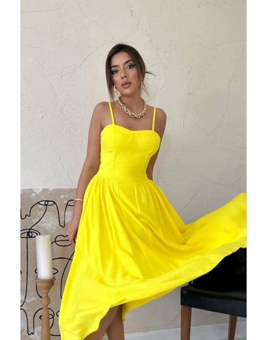 Sarı Göğüs Kuplu Uzun Büzgülü Elbise