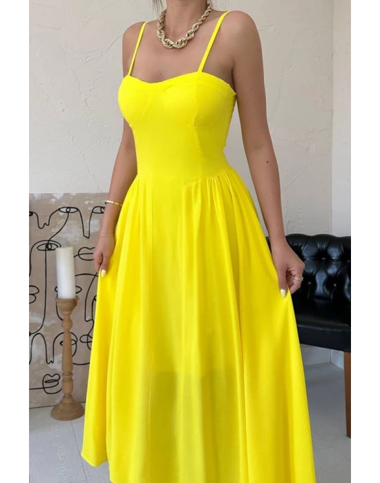 Sarı Göğüs Kuplu Uzun Büzgülü Elbise