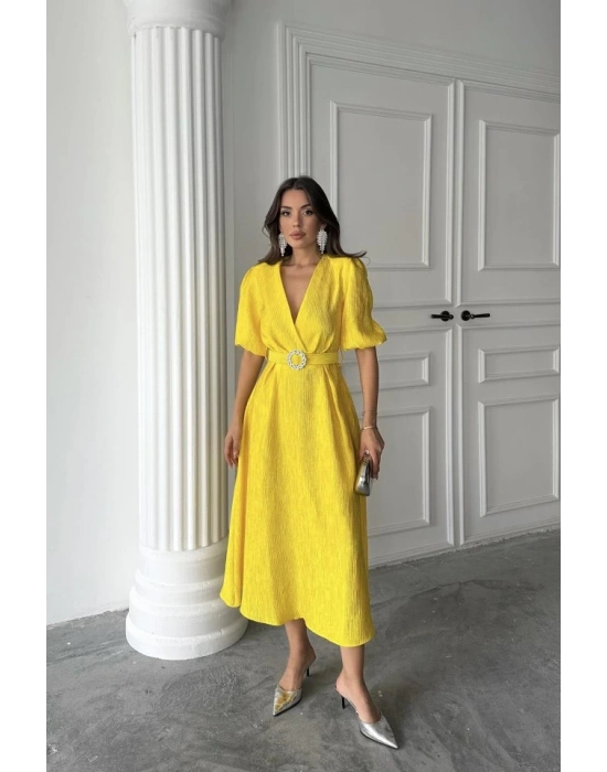 Sarı Işıltılı Kemerli Kruvaze Elbise