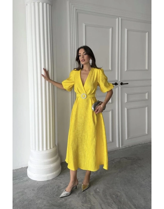 Sarı Işıltılı Kemerli Kruvaze Elbise