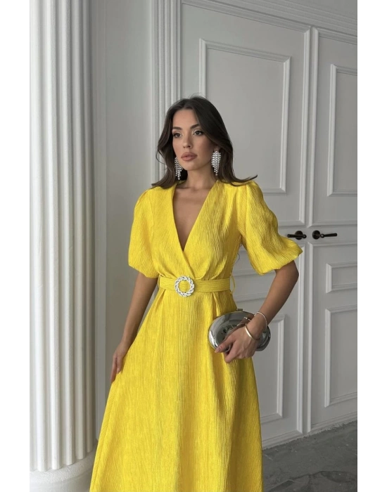 Sarı Işıltılı Kemerli Kruvaze Elbise
