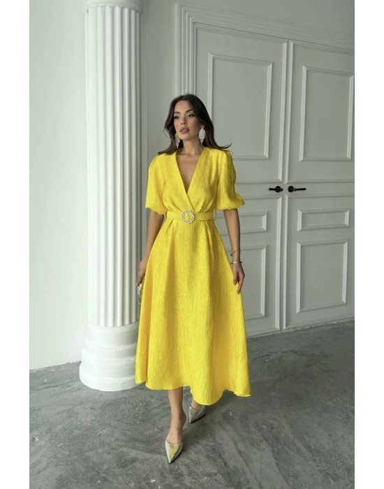 Sarı Işıltılı Kemerli Kruvaze Elbise