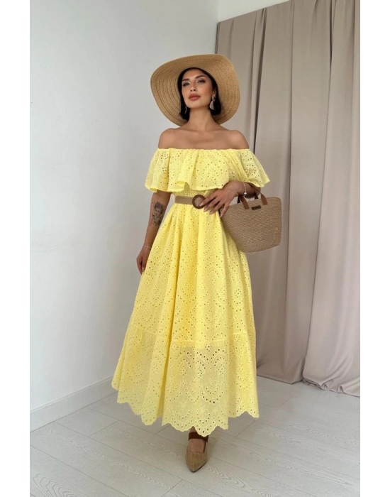 Sarı Omzu Lastikli Brode Elbise