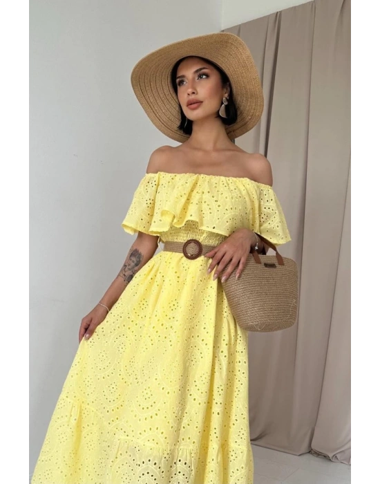 Sarı Omzu Lastikli Brode Elbise