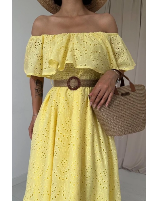 Sarı Omzu Lastikli Brode Elbise