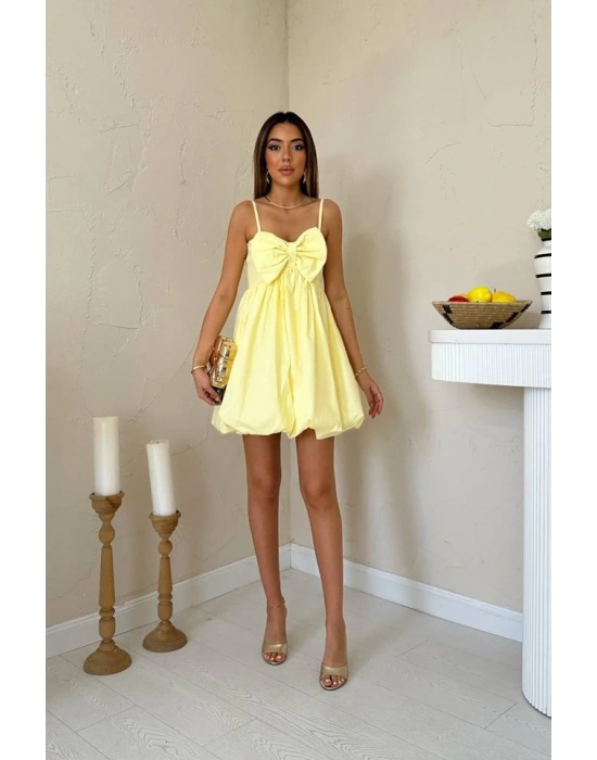 Sarı Önü Fiyonklu Askılı Elbise