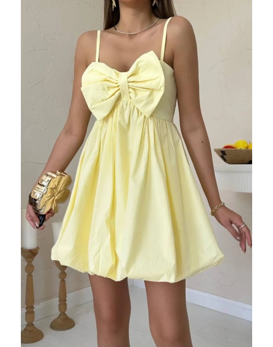 Sarı Önü Fiyonklu Askılı Elbise