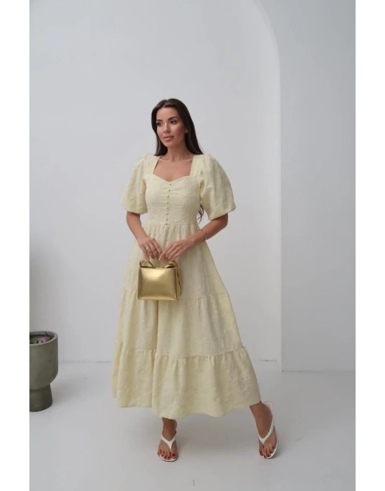 Sarı Süs Düğmeli Balon Kollu Elbise