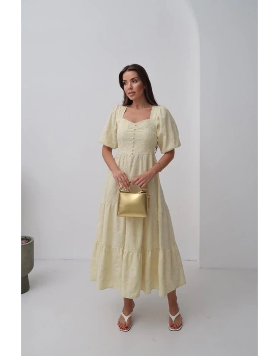 Sarı Süs Düğmeli Balon Kollu Elbise