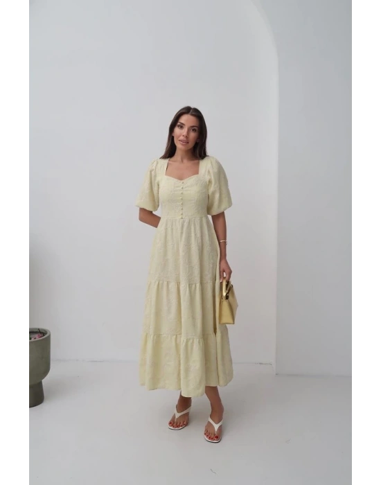 Sarı Süs Düğmeli Balon Kollu Elbise