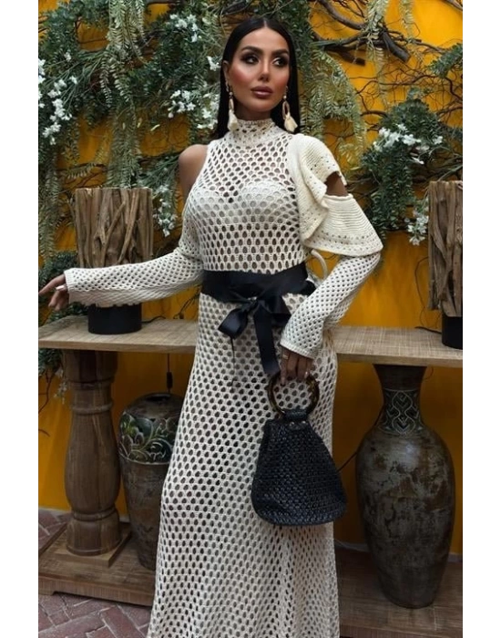 Saten Kuşaklı Ajurlu Triko Elbise 2847