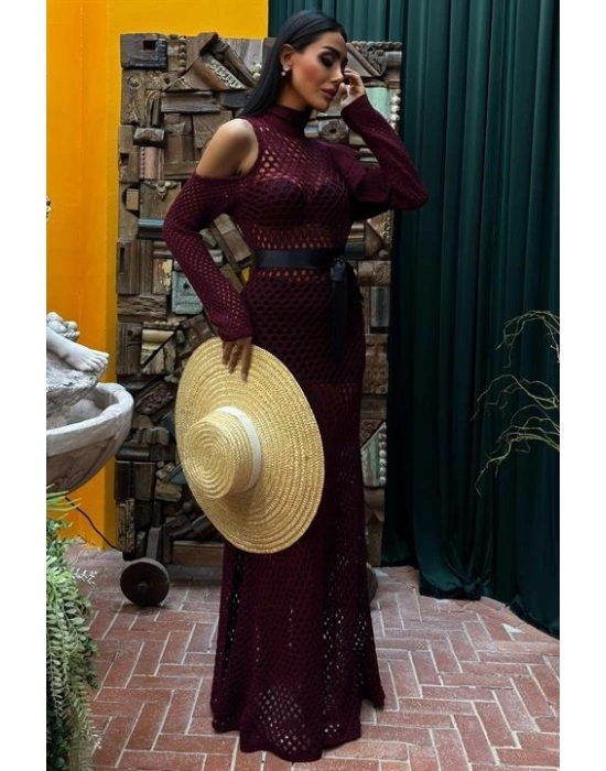 Saten Kuşaklı Ajurlu Triko Elbise 2847