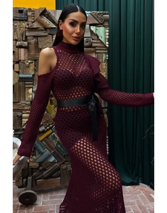 Saten Kuşaklı Ajurlu Triko Elbise 2847