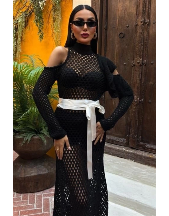 Saten Kuşaklı Ajurlu Triko Elbise 2847