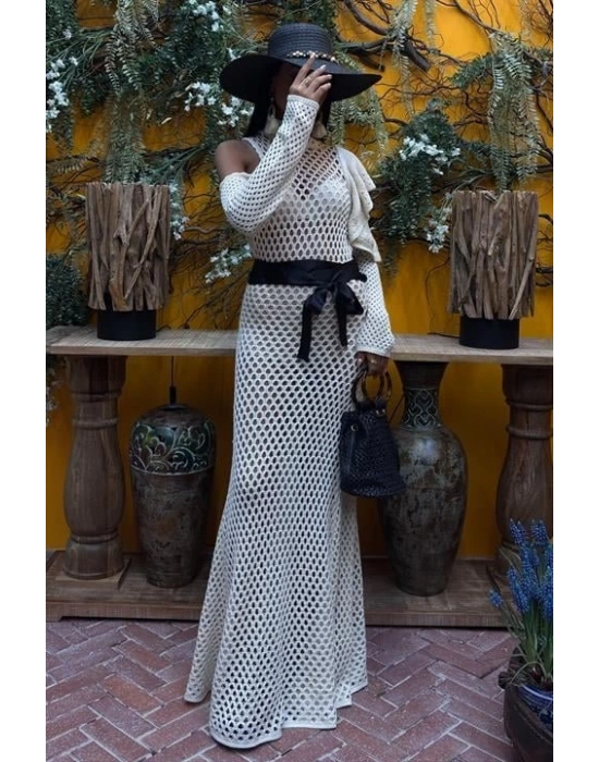 Saten Kuşaklı Ajurlu Triko Elbise 2847