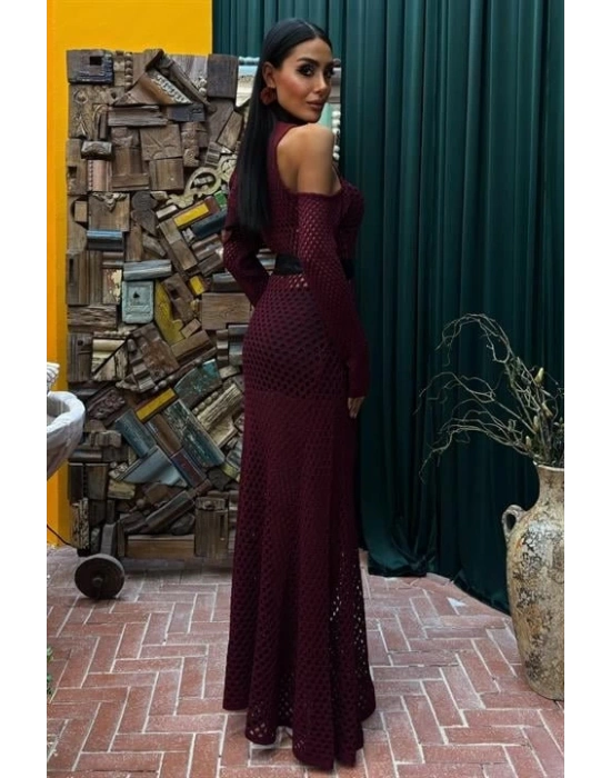 Saten Kuşaklı Ajurlu Triko Elbise 2847