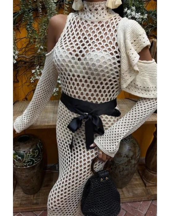 Saten Kuşaklı Ajurlu Triko Elbise 2847