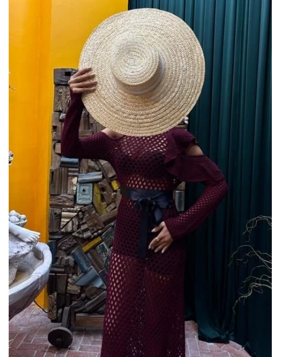 Saten Kuşaklı Ajurlu Triko Elbise 2847