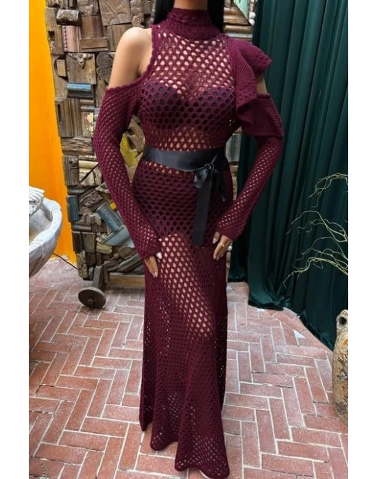 Saten Kuşaklı Ajurlu Triko Elbise 2847