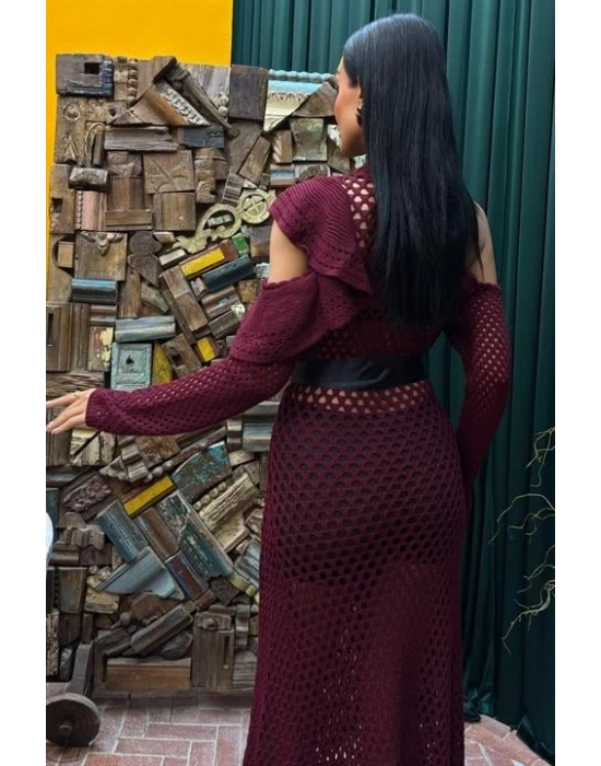 Saten Kuşaklı Ajurlu Triko Elbise 2847