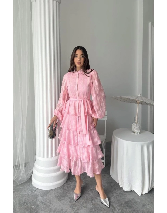 Şeker Pembesi Uzun Volanlı Elbise