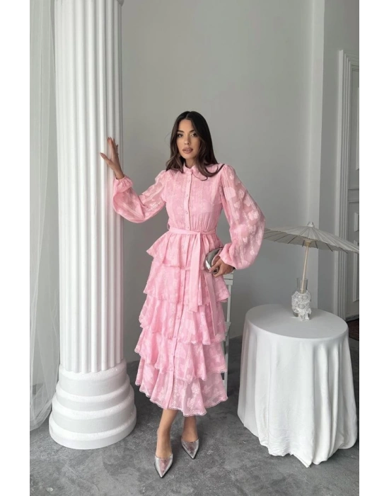 Şeker Pembesi Uzun Volanlı Elbise