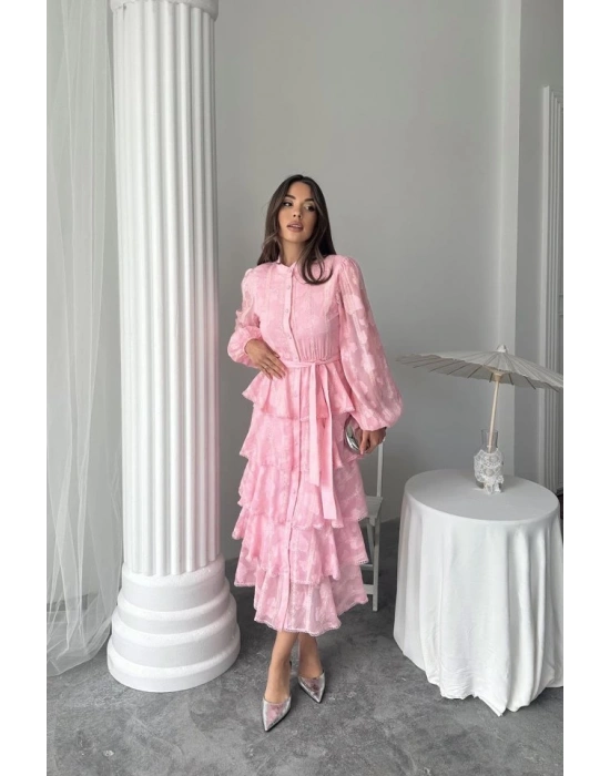 Şeker Pembesi Uzun Volanlı Elbise