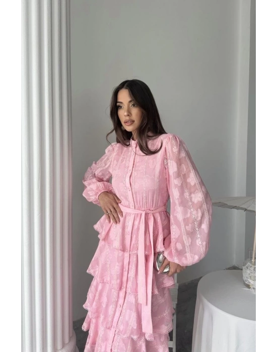 Şeker Pembesi Uzun Volanlı Elbise