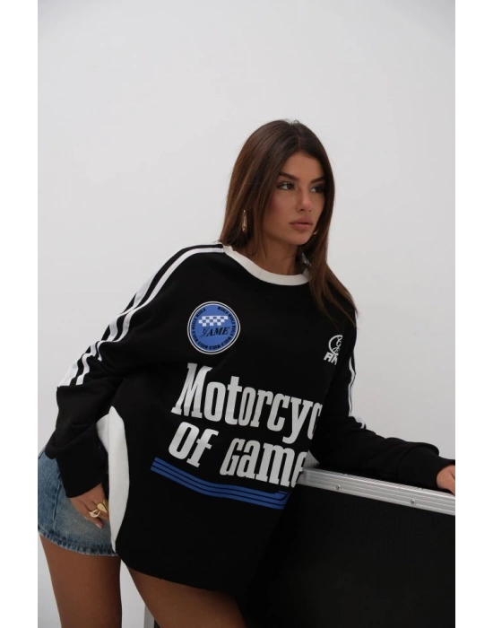 Şerit Detay Baskılı Oversize Sweatshirt