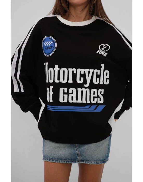 Şerit Detay Baskılı Oversize Sweatshirt