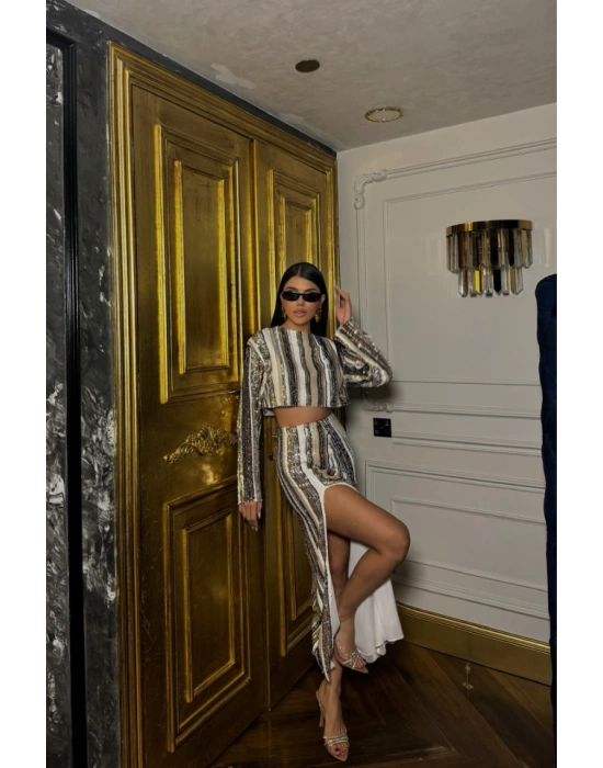 ŞERİT PAYET CROP BLUZ  YIRTMAÇLI ETEK TAKIM  iyah