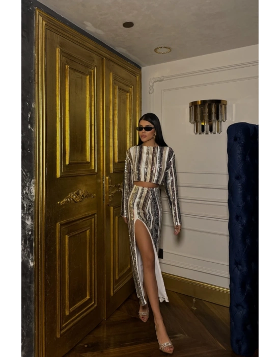 ŞERİT PAYET CROP BLUZ  YIRTMAÇLI ETEK TAKIM  iyah