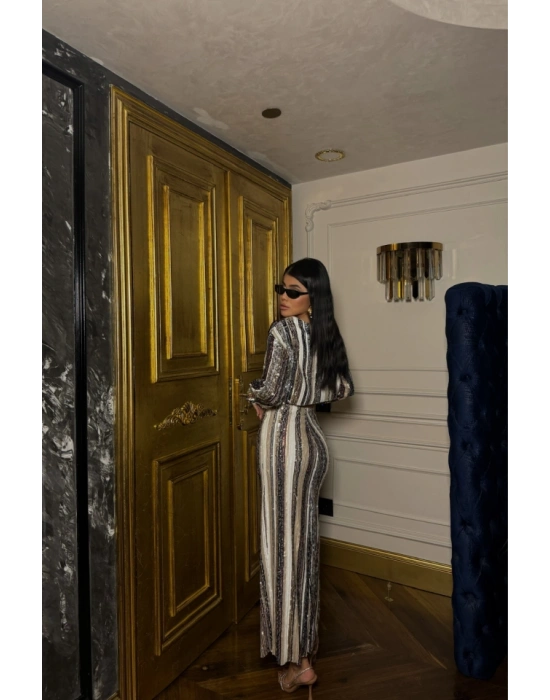 ŞERİT PAYET CROP BLUZ  YIRTMAÇLI ETEK TAKIM  iyah