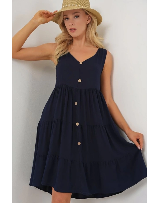 Sıfır Kol Düğmeli Kısa Elbise 2571  Lacivert