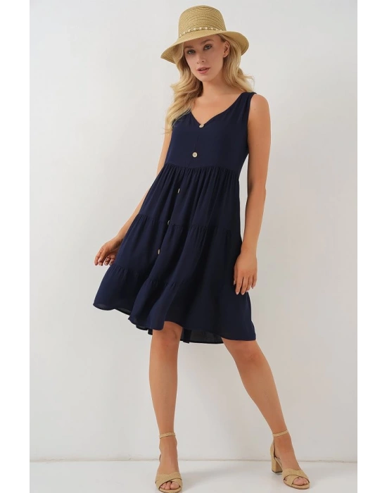 Sıfır Kol Düğmeli Kısa Elbise 2571  Lacivert