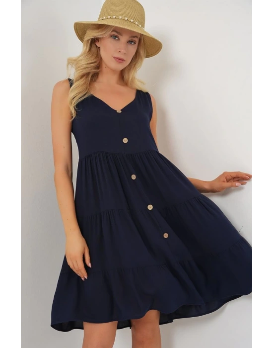 Sıfır Kol Düğmeli Kısa Elbise 2571  Lacivert