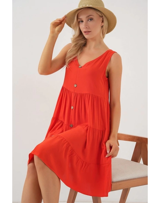 Sıfır Kol Düğmeli Kısa Elbise 2571  Nar