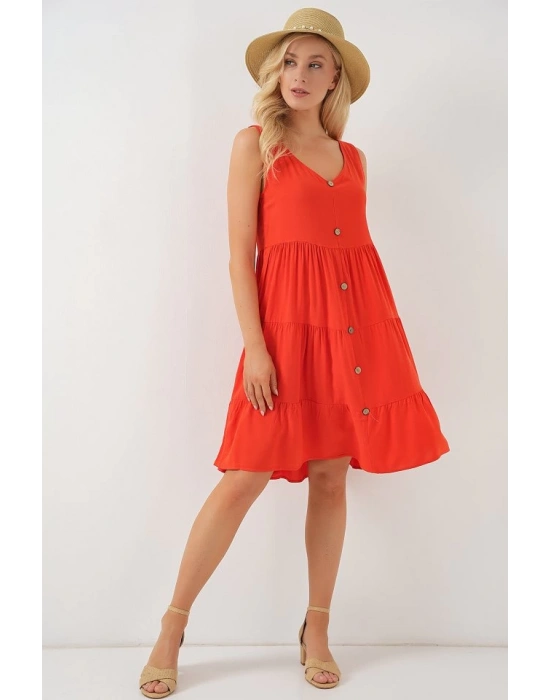 Sıfır Kol Düğmeli Kısa Elbise 2571  Nar