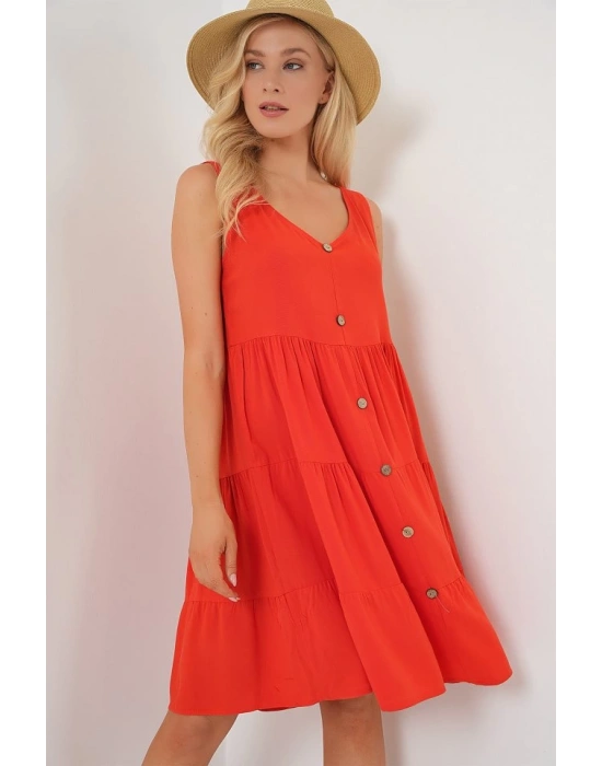 Sıfır Kol Düğmeli Kısa Elbise 2571  Nar