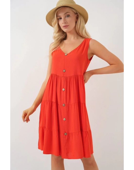 Sıfır Kol Düğmeli Kısa Elbise 2571  Nar