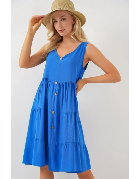 Sıfır Kol Düğmeli Kısa Elbise 2571  Saks