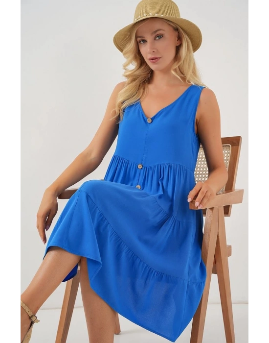 Sıfır Kol Düğmeli Kısa Elbise 2571  Saks