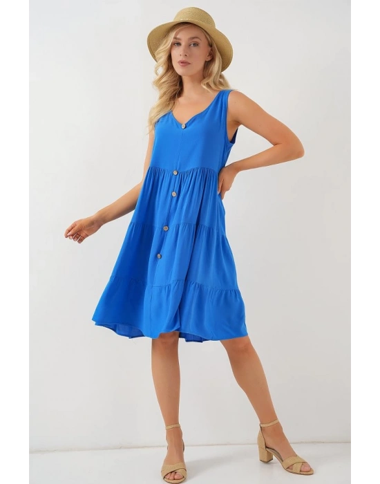 Sıfır Kol Düğmeli Kısa Elbise 2571  Saks