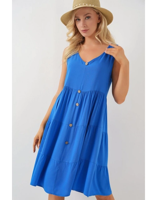 Sıfır Kol Düğmeli Kısa Elbise 2571  Saks