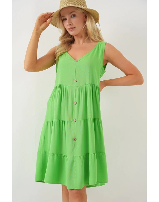 Sıfır Kol Düğmeli Kısa Elbise 2571  Yeşil
